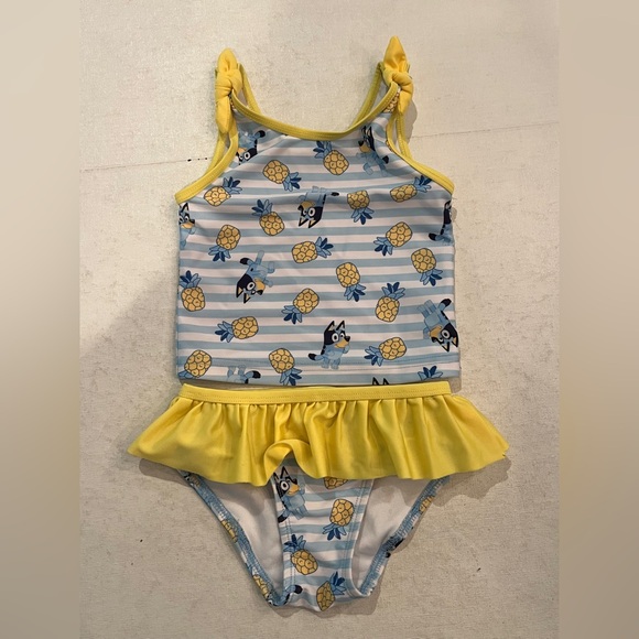 Bluey yellow and blue striped pineapple print ruffle tankini bathing suit. - Picture 1 of 7